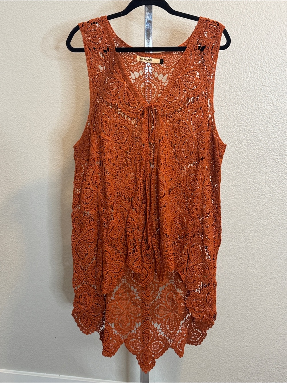Boho Crochet Tie-Front Tunic in Burnt Orange